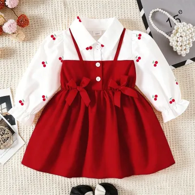 Kids Baby Girls Fashion Spring And Autumn Fake Two-Piece Stitching Bow Long-Sleeve Dress