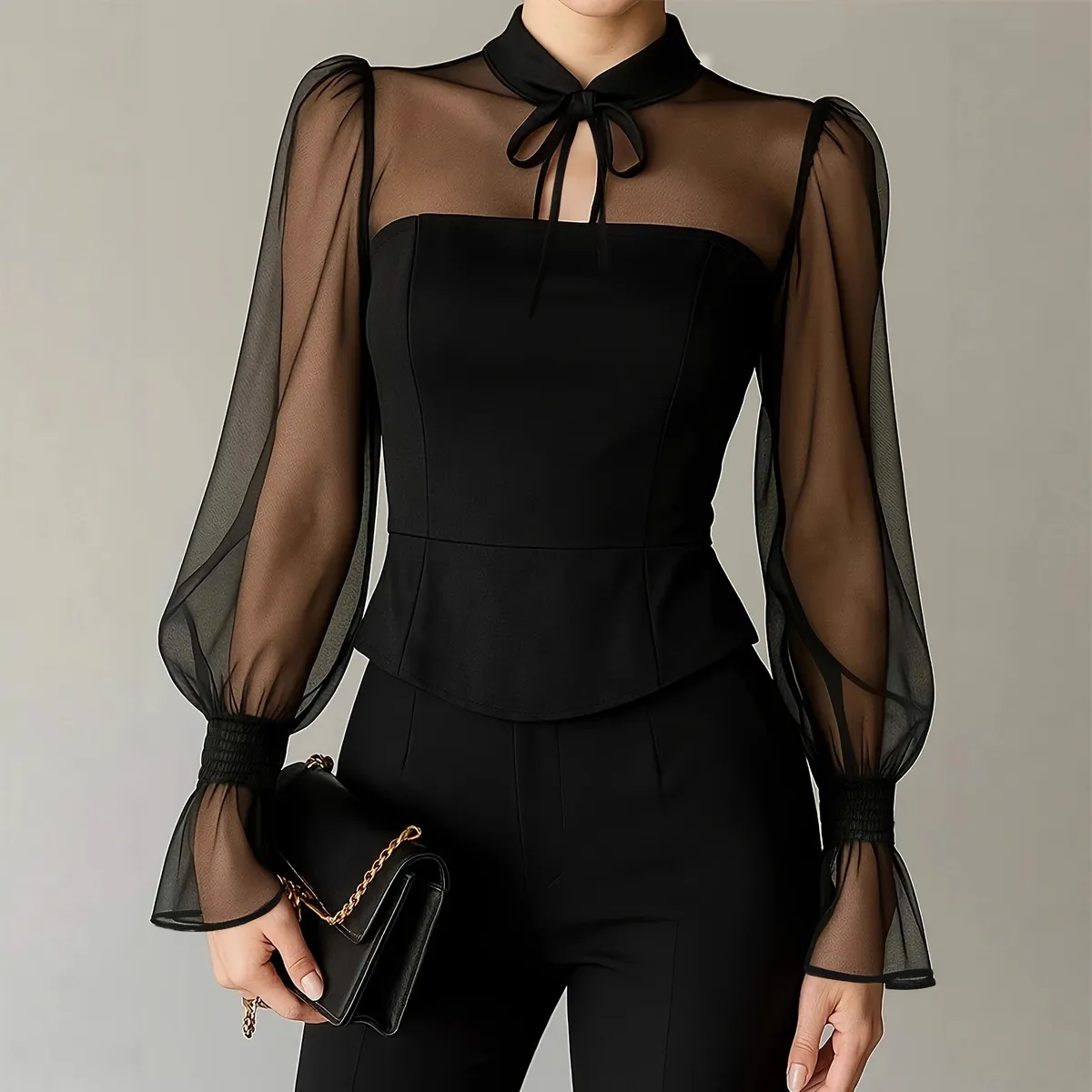 Women Fashion Sexy Spring Mesh Stitching Puff Sleeve Collar Lace-Up Blouse