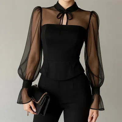 Women Fashion Sexy Spring Mesh Stitching Puff Sleeve Collar Lace-Up Blouse