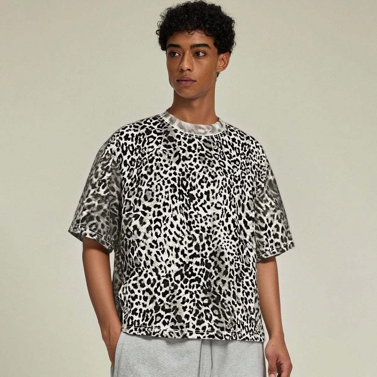 Men Fashion Casual Leopard Short-Sleeve Loose T-Shirt