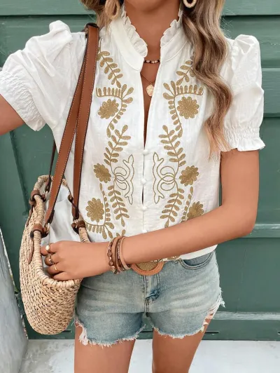 Women Fashion Casual Spring And Summer Cotton Embroidered Buckle Short-Sleeved Blouse