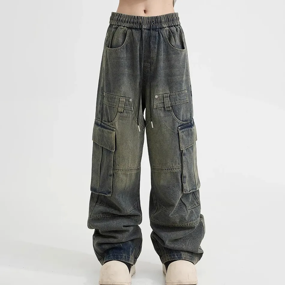 Men Fashion Casual Washed Pocket Straight-Leg Loose Cargo Jeans