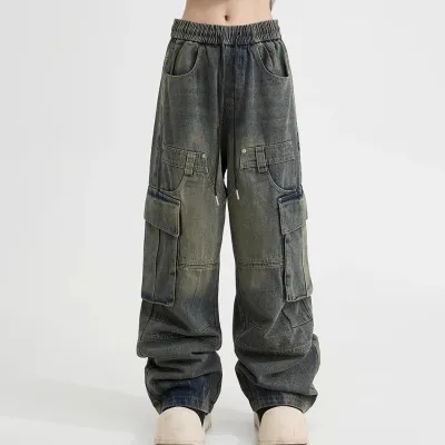Men Fashion Casual Washed Pocket Straight-Leg Loose Cargo Jeans