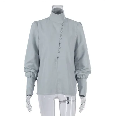 Women Fashion Casual Spring And Summer Solid Color Collar Long Sleeve Blouse