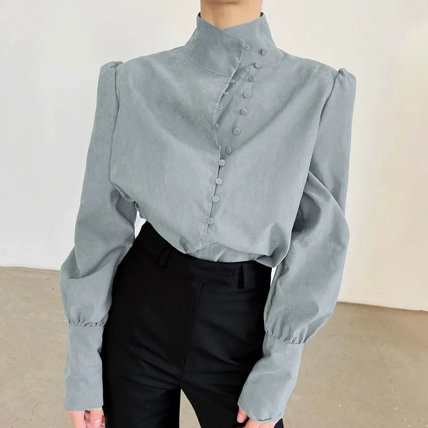 Women Fashion Casual Spring And Summer Solid Color Collar Long Sleeve Blouse