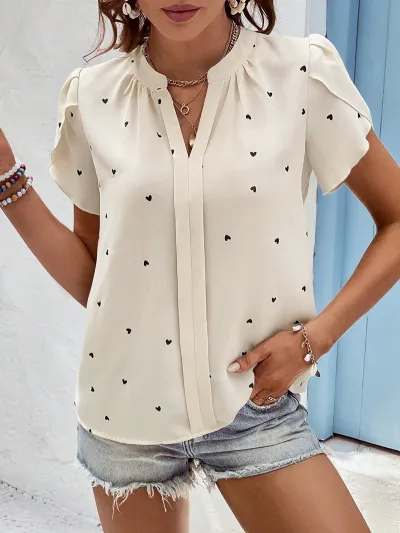 Women Fashion Casual Summer Love Petal Printed V-Neck Short-Sleeve Blouse