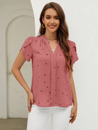 Women Fashion Casual Summer Love Petal Printed V-Neck Short-Sleeve Blouse