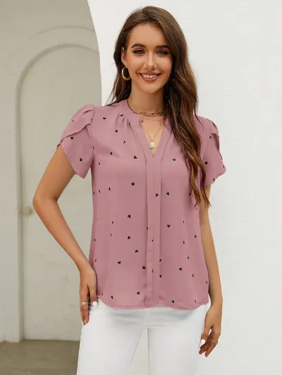 Women Fashion Casual Summer Love Petal Printed V-Neck Short-Sleeve Blouse