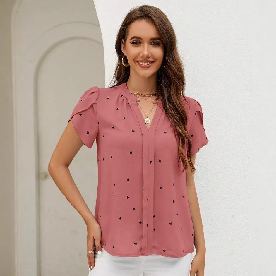 Women Fashion Casual Summer Love Petal Printed V-Neck Short-Sleeve Blouse