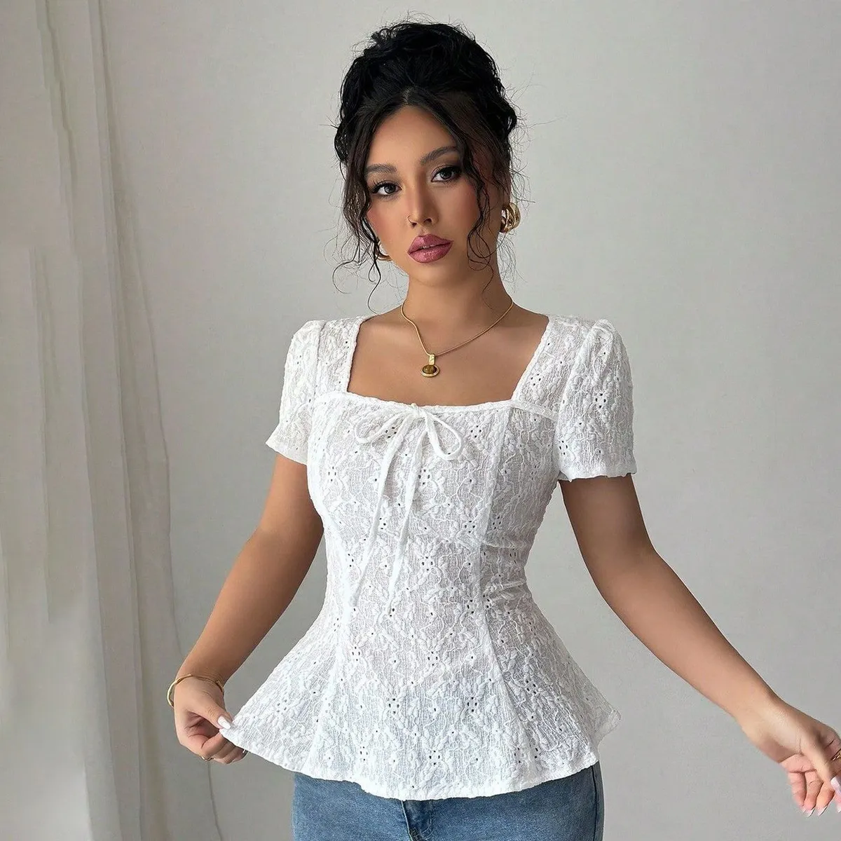 Women Fashion Elegant Summer Solid Color Lace Square Collar Short Sleeve Blouse