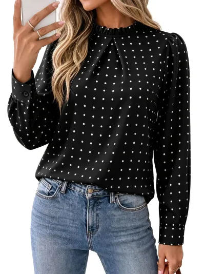 Women Fashion Casual Polka Dot Print Round Neck Long Sleeve Chiffon Blouse