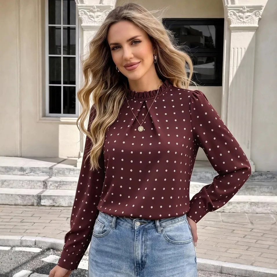 Women Fashion Casual Polka Dot Print Round Neck Long Sleeve Chiffon Blouse