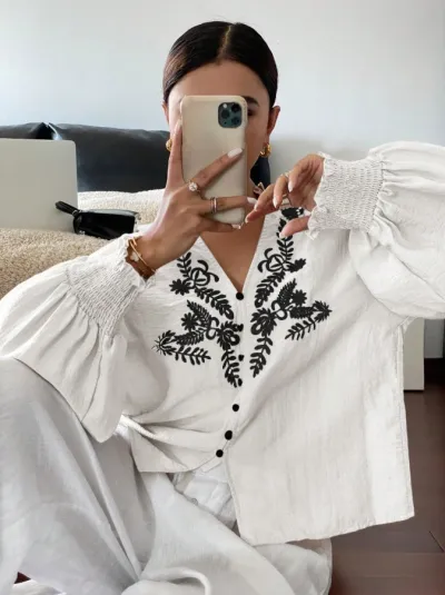 Women Fashion Autumn Embroidered Floral Button Long Sleeve Blouse