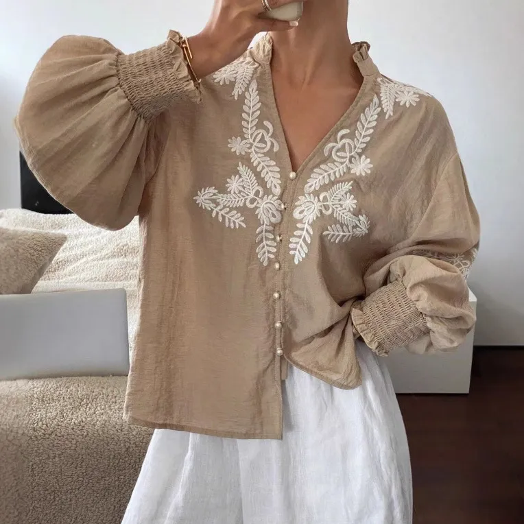 Women Fashion Autumn Embroidered Floral Button Long Sleeve Blouse
