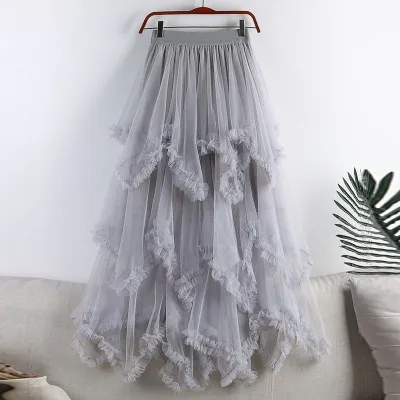 Women Fashion Summer Solid Color Ruffle-Trimmed Irregular Mesh Midi-Length Skirt