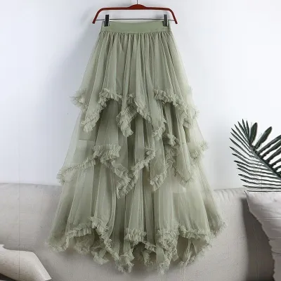 Women Fashion Summer Solid Color Ruffle-Trimmed Irregular Mesh Midi-Length Skirt