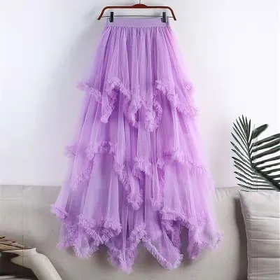 Women Fashion Summer Solid Color Ruffle-Trimmed Irregular Mesh Midi-Length Skirt