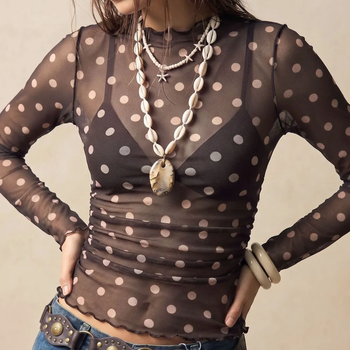 Women Fashion Polka Dot Print Mesh Perspective High Collar Long Sleeve T-Shirt