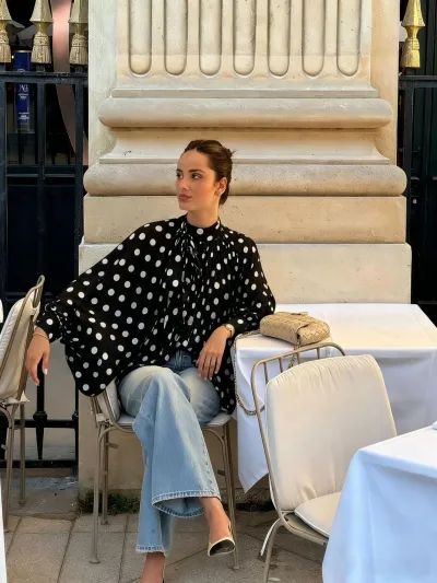 Women Fashion Casual Chiffon Polka Dot Print Long-Sleeve Lace-Up Lantern Sleeve Loose Blouse
