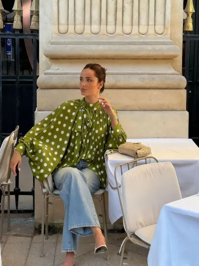 Women Fashion Casual Chiffon Polka Dot Print Long-Sleeve Lace-Up Lantern Sleeve Loose Blouse