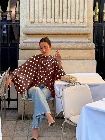 Women Fashion Casual Chiffon Polka Dot Print Long-Sleeve Lace-Up Lantern Sleeve Loose Blouse