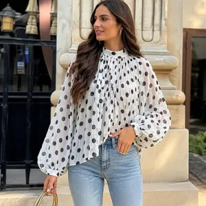 Women Fashion Casual Chiffon Polka Dot Print Long-Sleeve Lace-Up Lantern Sleeve Loose Blouse