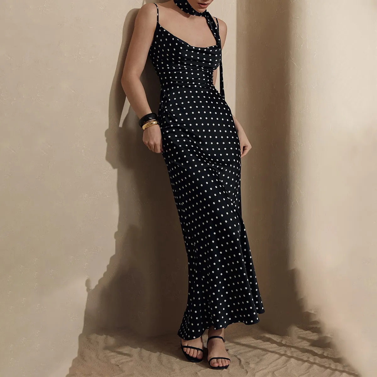 Women Fashion Sexy Summer Polka Dot Print Spaghetti Straps Dress
