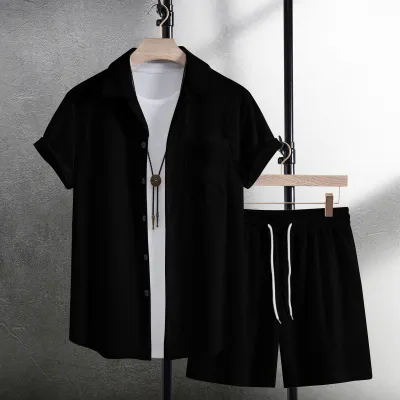 Men'S Fashion Casual Summer Solid Color Lapel Short-Sleeve Shirt Loose Shorts Two-Piece Set