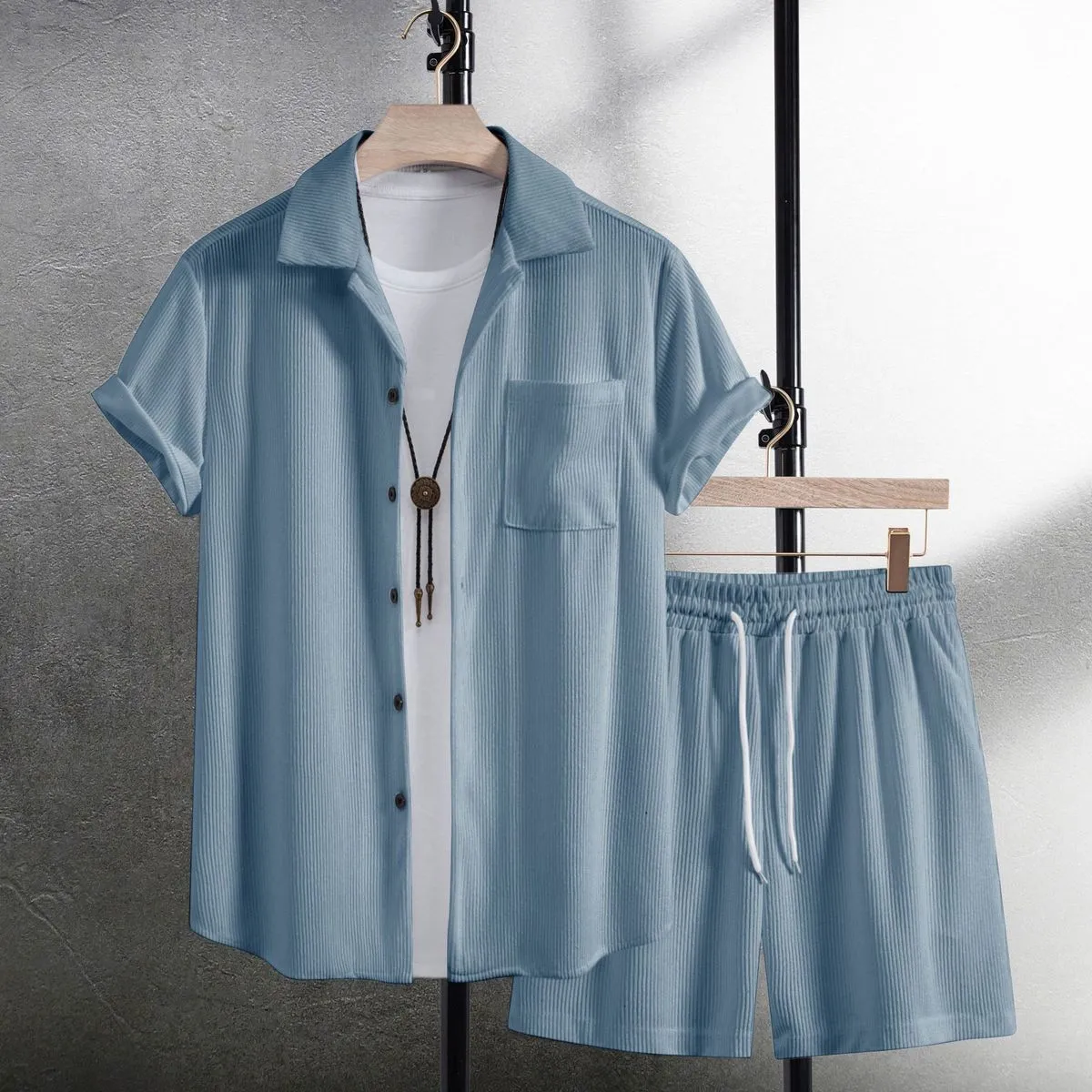 Men'S Fashion Casual Summer Solid Color Lapel Short-Sleeve Shirt Loose Shorts Two-Piece Set