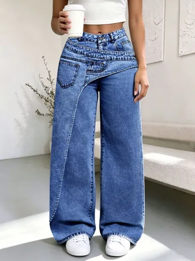 Women Fashion Irregular Washed Stitching Wide Leg Jeans