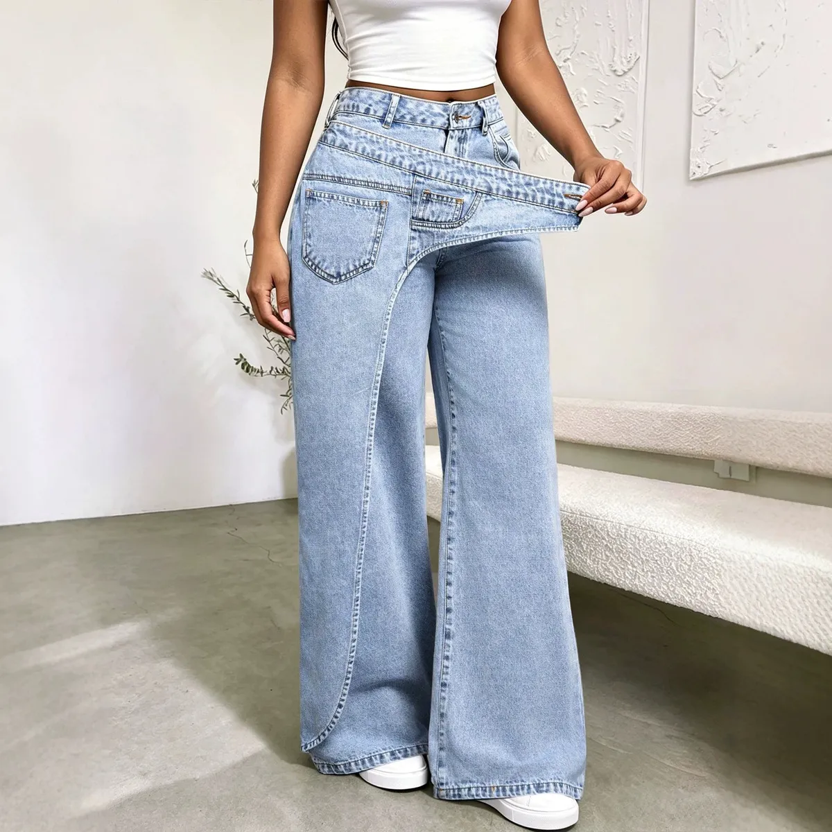 Women Fashion Irregular Washed Stitching Wide Leg Jeans
