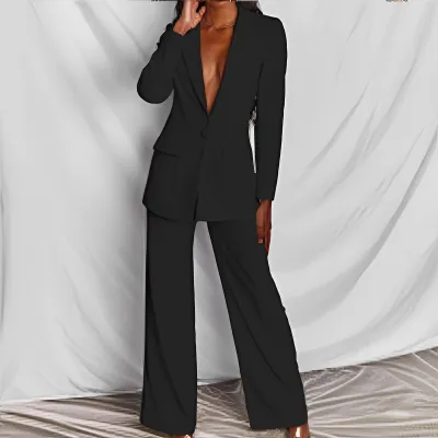Women Fashion Casual Office Autumn Solid Color Lapel Long Sleeve Blazer Straight Pants Two-Piece Set