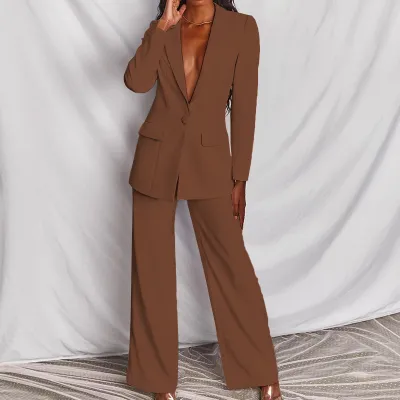 Women Fashion Casual Office Autumn Solid Color Lapel Long Sleeve Blazer Straight Pants Two-Piece Set