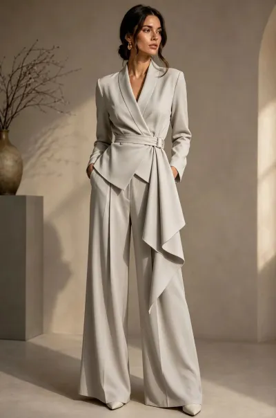 Women Fashion Elegant Autumn Solid Color Irregular V-Neck Long-Sleeve Tight Waist Coat Wide Leg Pants Twp-Piece Set