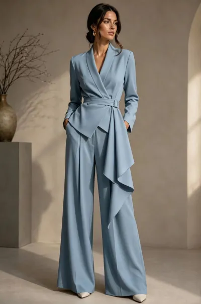 Women Fashion Elegant Autumn Solid Color Irregular V-Neck Long-Sleeve Tight Waist Coat Wide Leg Pants Twp-Piece Set