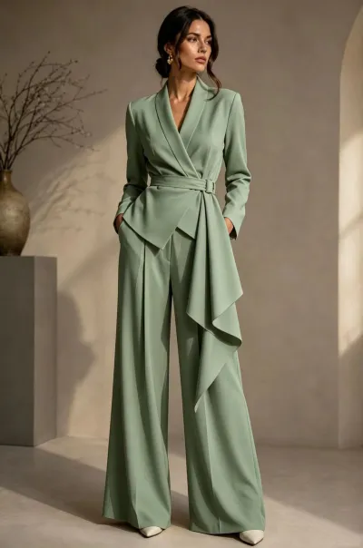 Women Fashion Elegant Autumn Solid Color Irregular V-Neck Long-Sleeve Tight Waist Coat Wide Leg Pants Twp-Piece Set