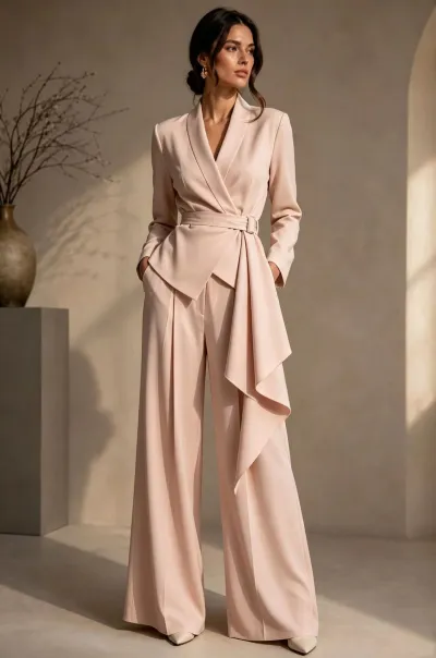 Women Fashion Elegant Autumn Solid Color Irregular V-Neck Long-Sleeve Tight Waist Coat Wide Leg Pants Twp-Piece Set