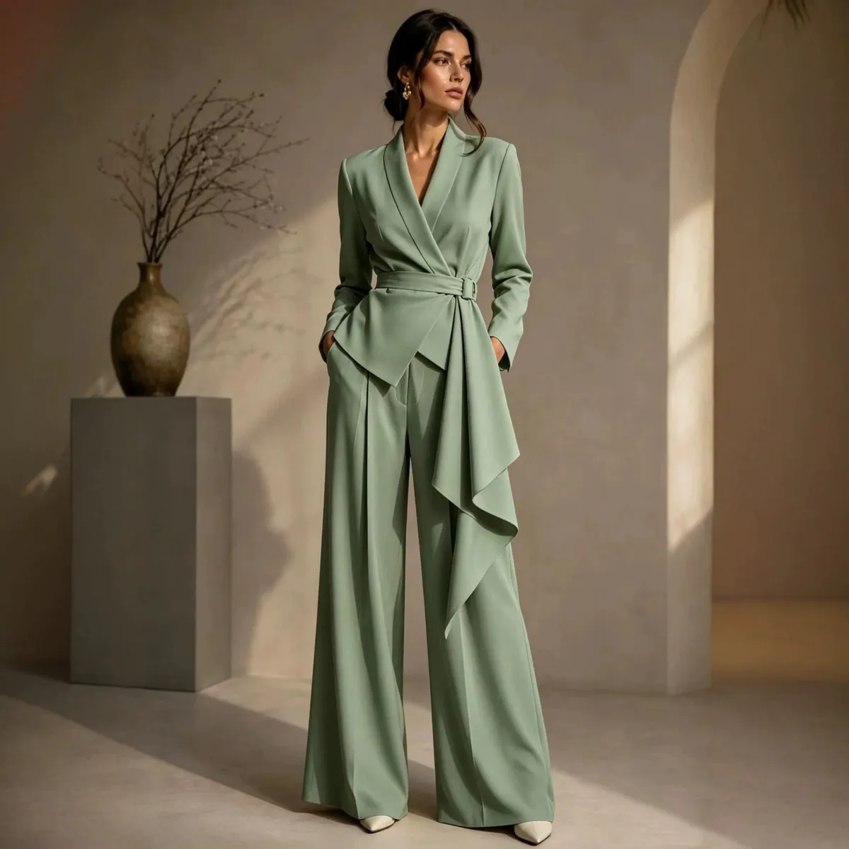 Women Fashion Elegant Autumn Solid Color Irregular V-Neck Long-Sleeve Tight Waist Coat Wide Leg Pants Twp-Piece Set