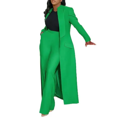 Women Fashion Casual Autumn Solid Color Lapel Long-Sleeve Long Coat Straight Pants Two-Piece Set