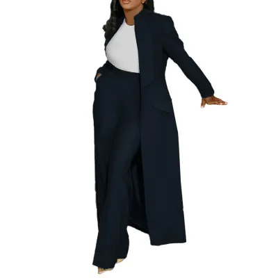 Women Fashion Casual Autumn Solid Color Lapel Long-Sleeve Long Coat Straight Pants Two-Piece Set