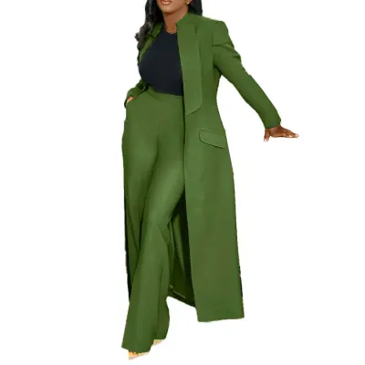 Women Fashion Casual Autumn Solid Color Lapel Long-Sleeve Long Coat Straight Pants Two-Piece Set