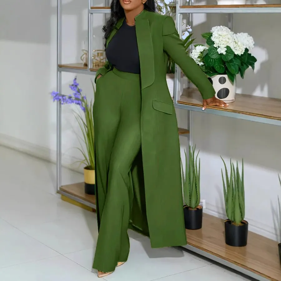 Women Fashion Casual Autumn Solid Color Lapel Long-Sleeve Long Coat Straight Pants Two-Piece Set