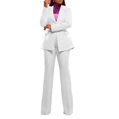 Women Fashion Casual Autumn Solid Color Pearl Decoration Lapel Long Sleeve Blazer Slim-Fit Pants Two-Piece Set