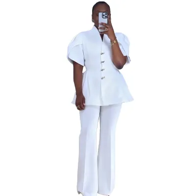 Women Fashion Elegant Solid Color Flower Sleeve Shaped Button Coat Straight Pants Two-Piece Set