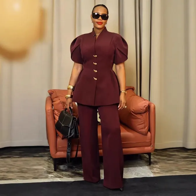 Women Fashion Elegant Solid Color Flower Sleeve Shaped Button Coat Straight Pants Two-Piece Set