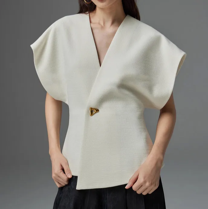 Women Fashion Elegant Solid Color Asymmetric Waist Button V-Neck Vest