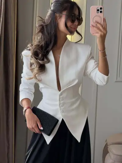 Women Fashion Elegant Solid Color Asymmetric Long-Sleeve Slim-Fit Jacket