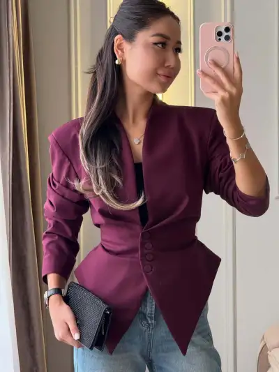 Women Fashion Elegant Solid Color Asymmetric Long-Sleeve Slim-Fit Jacket