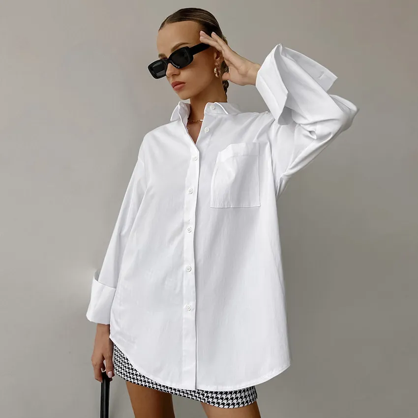 Women Fashion Casual Simple Spring/Summer Solid Color Lapel Long-Sleeve Mid-Length Blouse