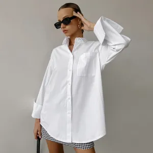 Women Fashion Casual Simple Spring/Summer Solid Color Lapel Long-Sleeve Mid-Length Blouse